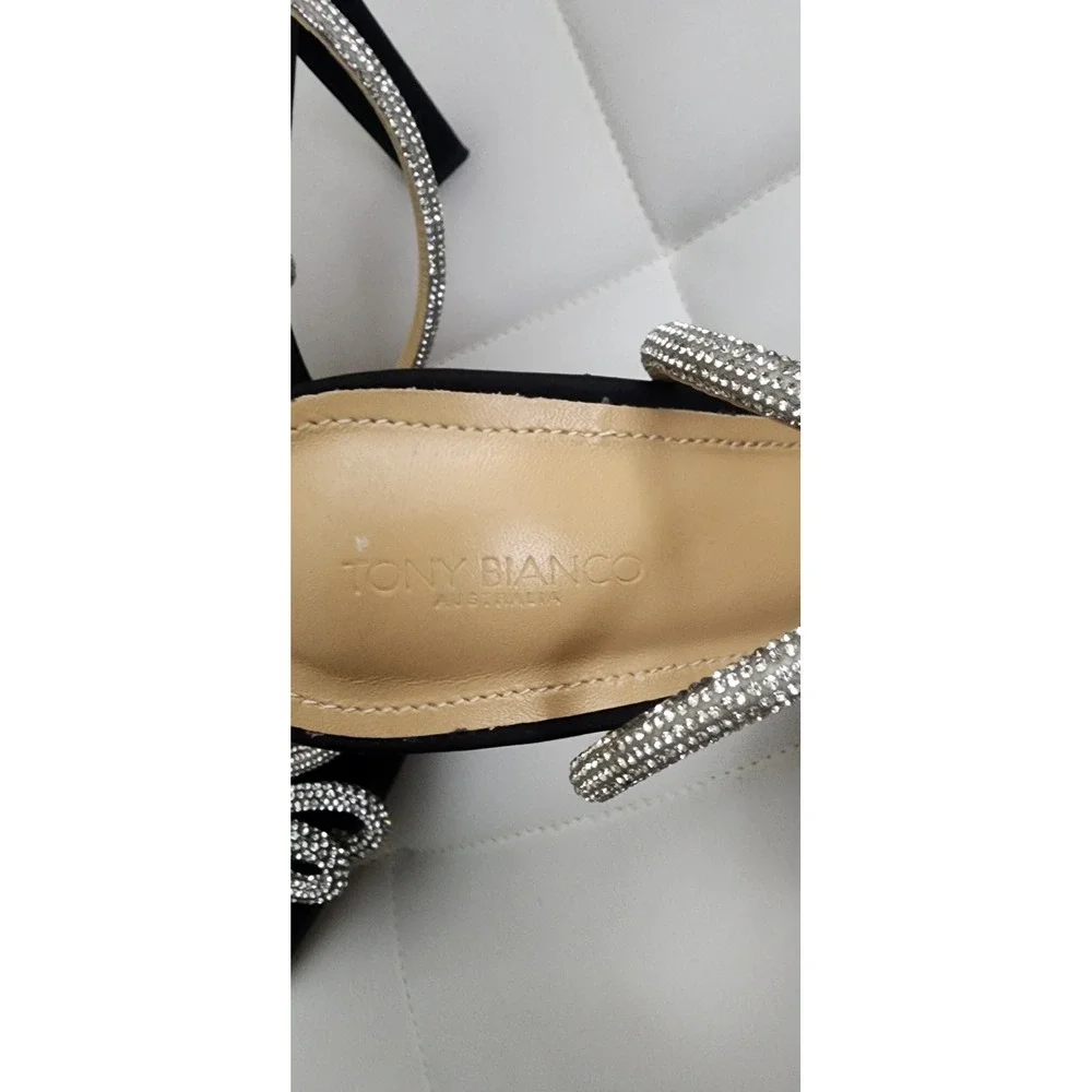 Tony‎ Bianco Black Satin Rhinestone Bow Pointed Toe Block Heel Pumps Womens